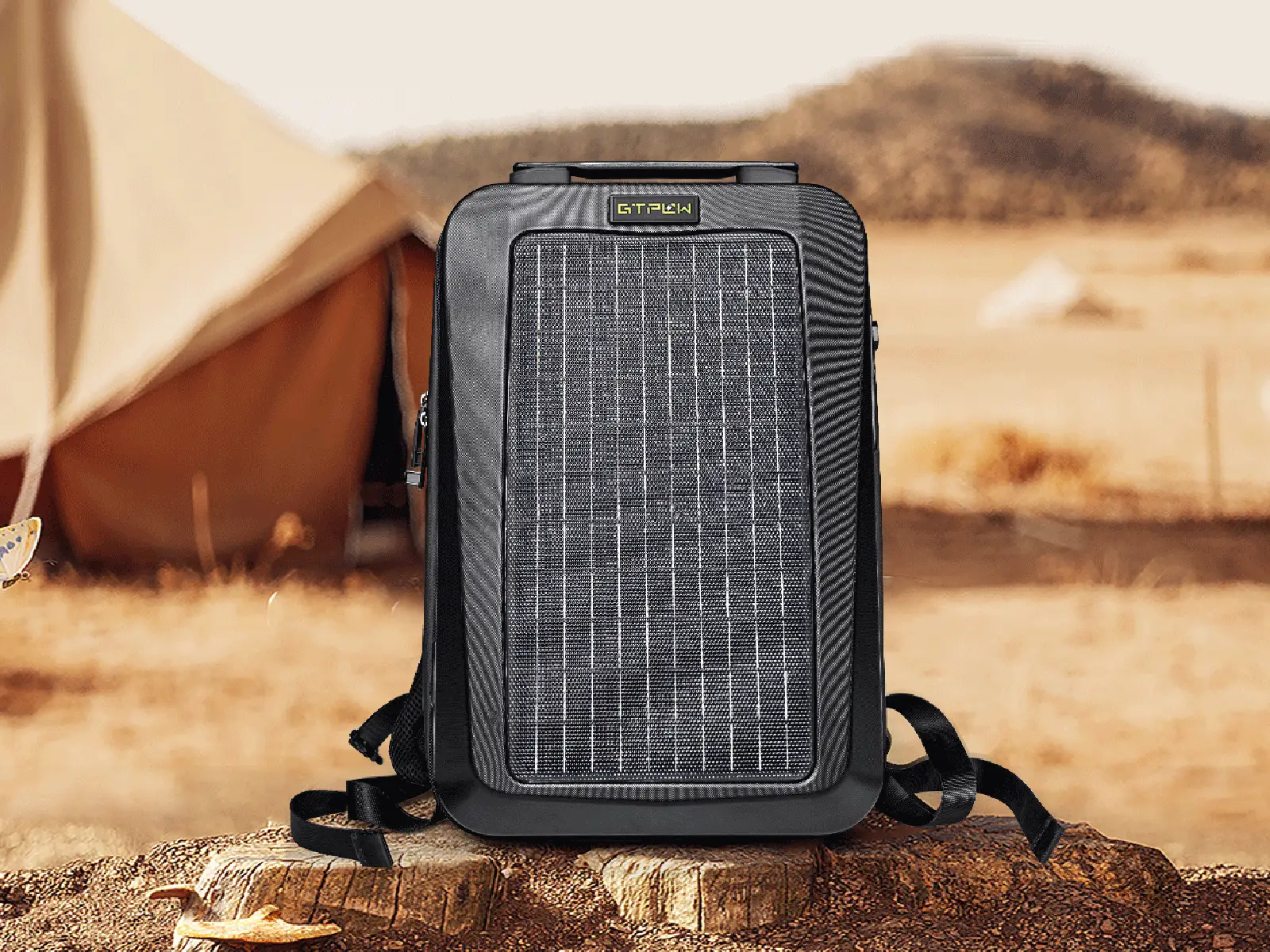 GTPOW solar backpack built-in mono solar panel, portable off-grid charger for hiking travel outdoor devices