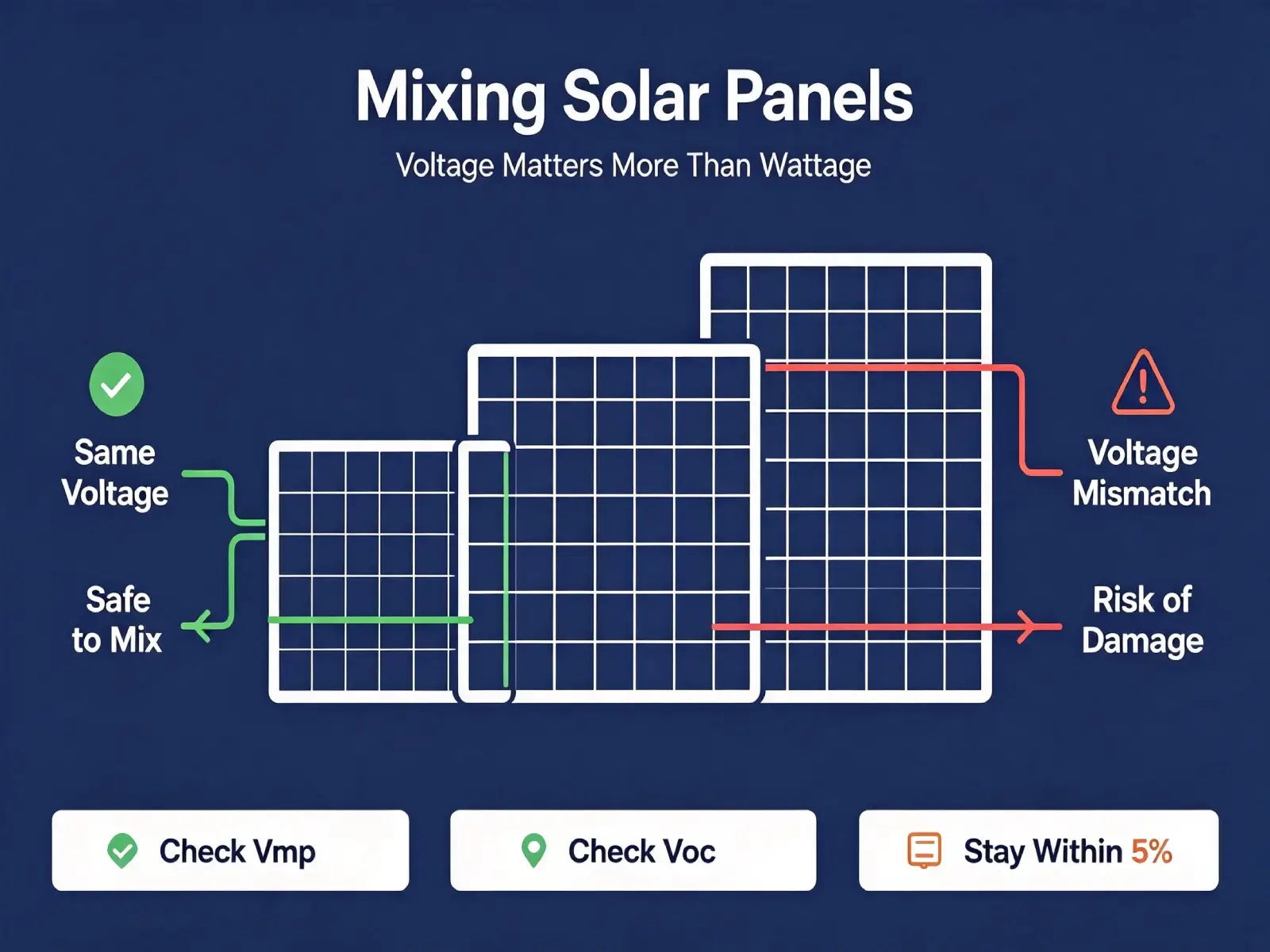 Learn the correct series & parallel wiring rules, voltage matching tips, and how to wire mismatched solar panels without power loss or damage.