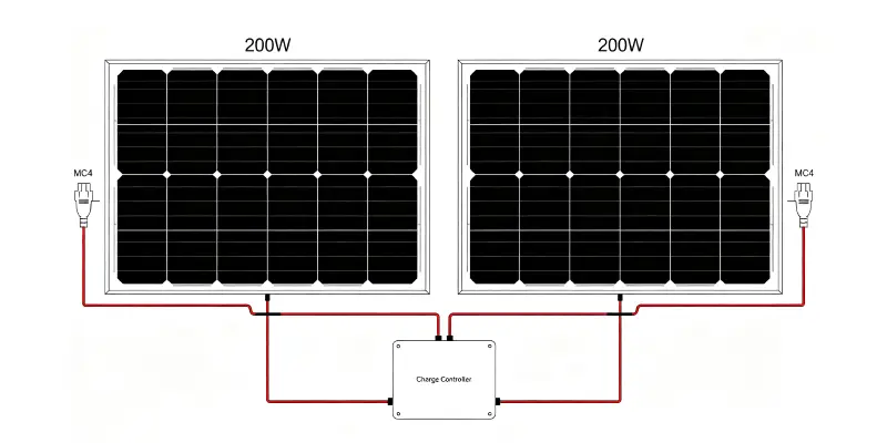 Two 200W solar panels wired in series, technical wiring diagram