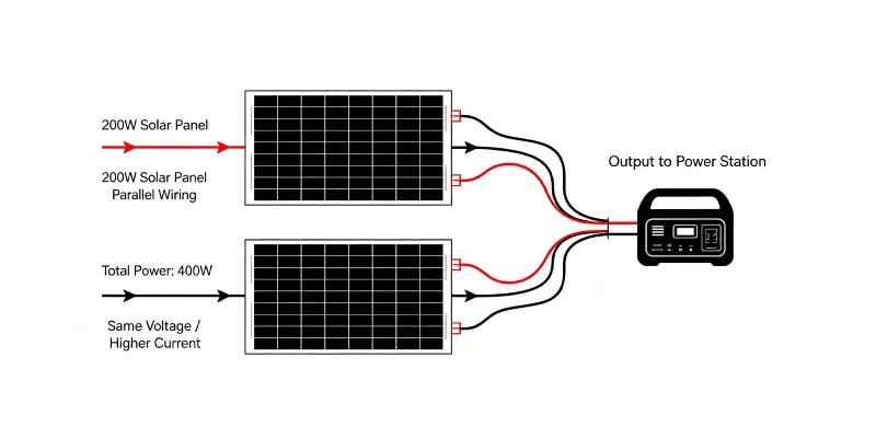 Two 200W solar panels wired in parallel with MC4 Y‑branch connector, technical wiring diagram