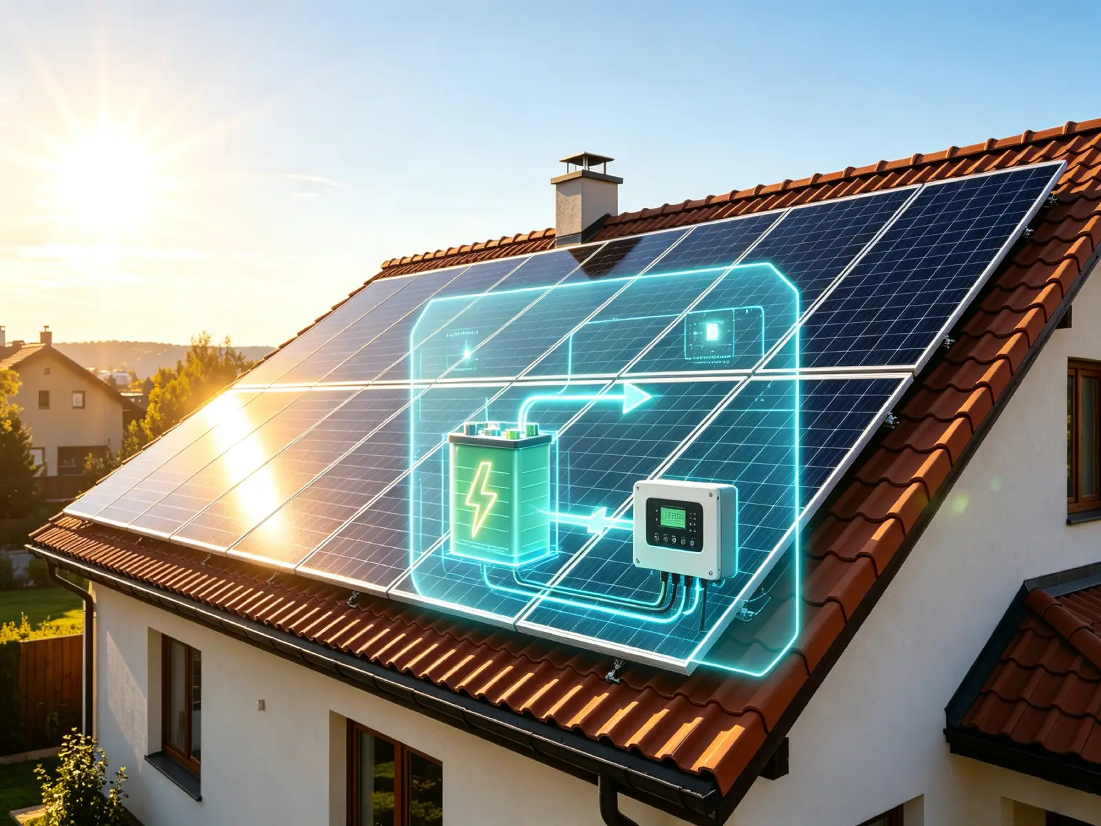 Rooftop solar setup with holographic battery graphics, blog cover for solar panel rated wattage guide