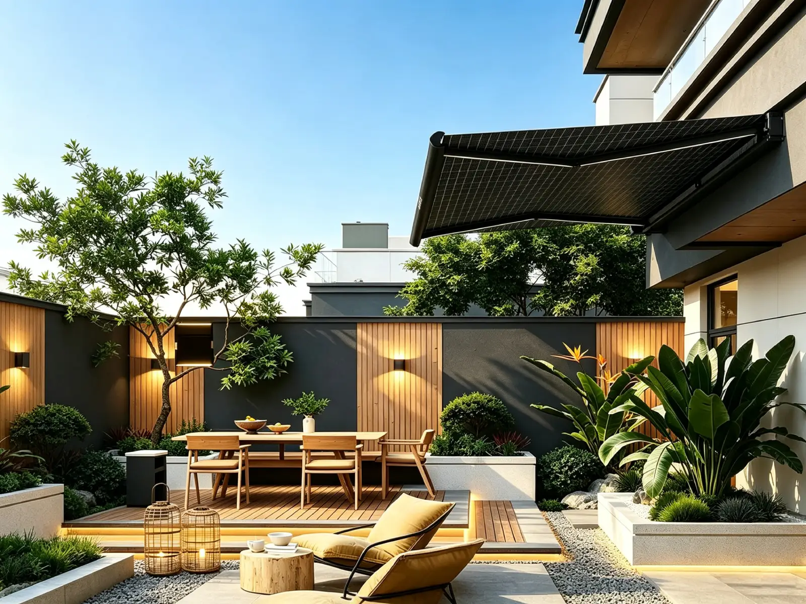 double‑sided solar‑powered retractable awning for villa patio