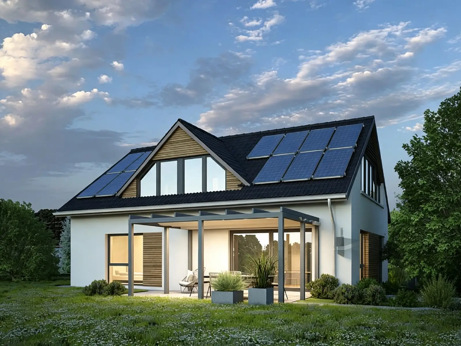 House rooftop installed with monocrystalline home solar panels, residential solar power system for saving electricity bills