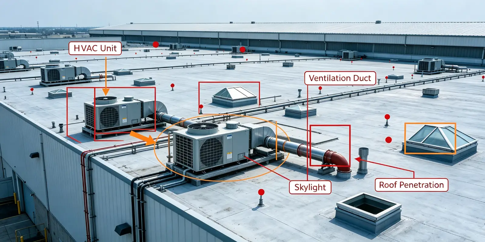 Industrial warehouse rooftop with HVAC units and vents, showing hidden costs of commercial solar panel roof installation including structural reinforcement, membrane age, shading, and fire access requirements.