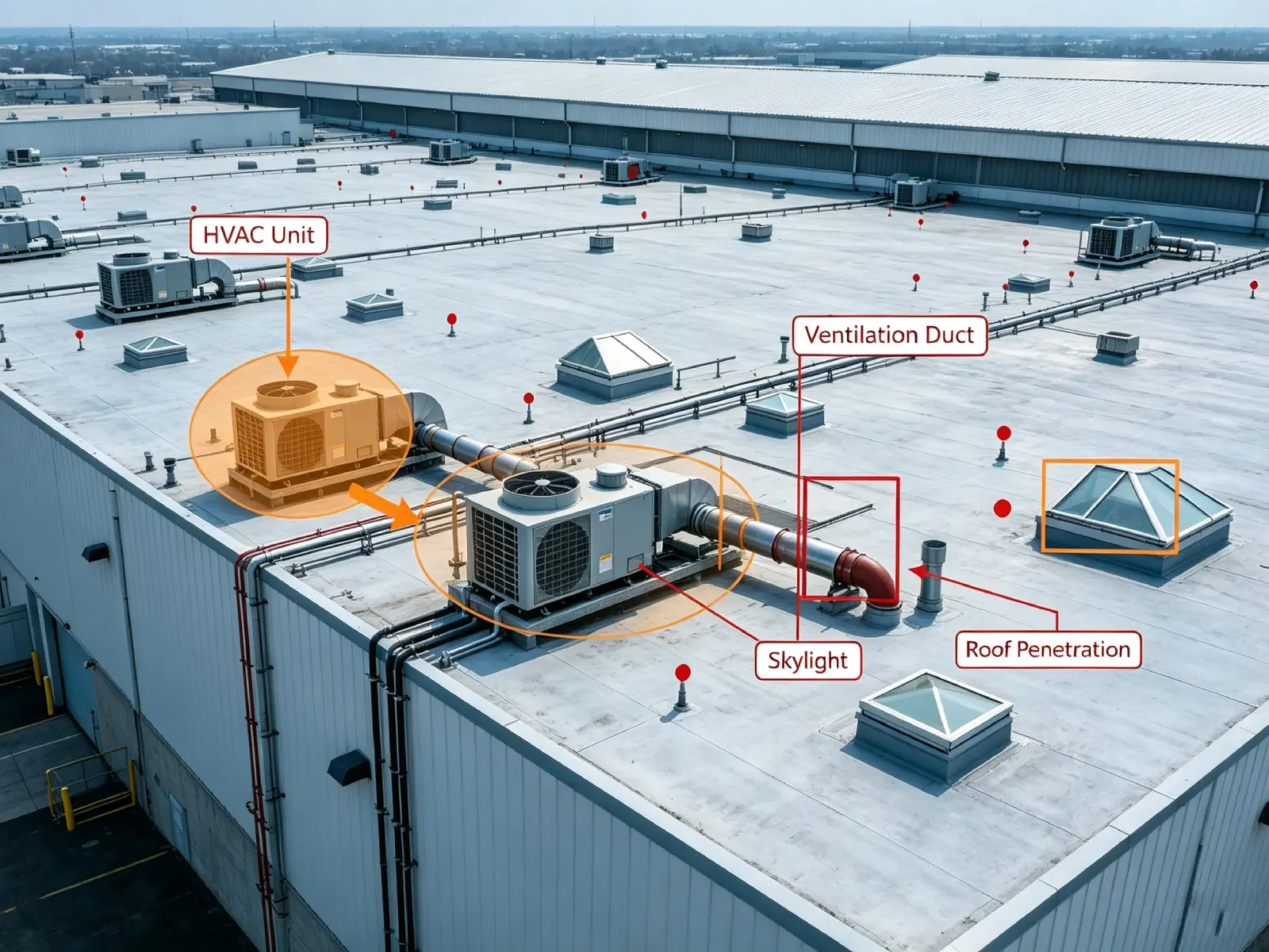 Industrial warehouse rooftop with HVAC units and vents, showing hidden costs of commercial solar panel roof installation including structural reinforcement, membrane age, shading, and fire access requirements.