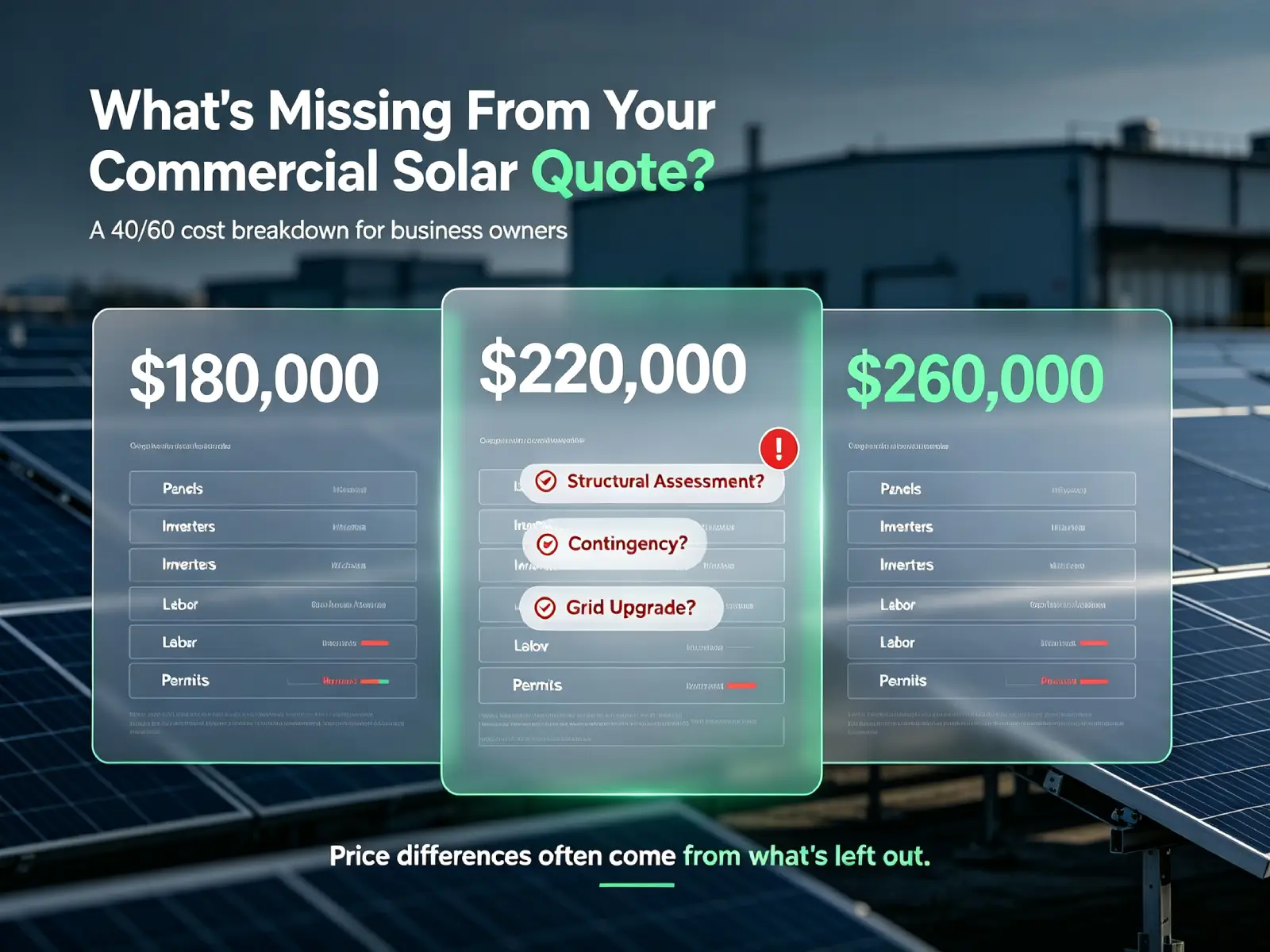 Three commercial solar quotes side by side showing price differences, with missing line items like structural assessment and contingency highlighted, illustrating what a complete commercial solar quote should include.