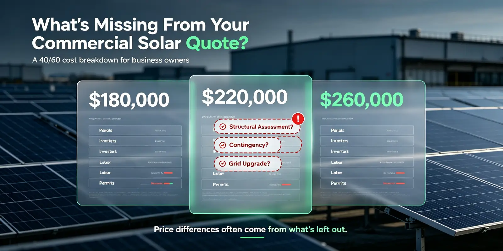 Three commercial solar quotes side by side showing price differences, with missing line items like structural assessment and contingency highlighted, illustrating what a complete commercial solar quote should include.