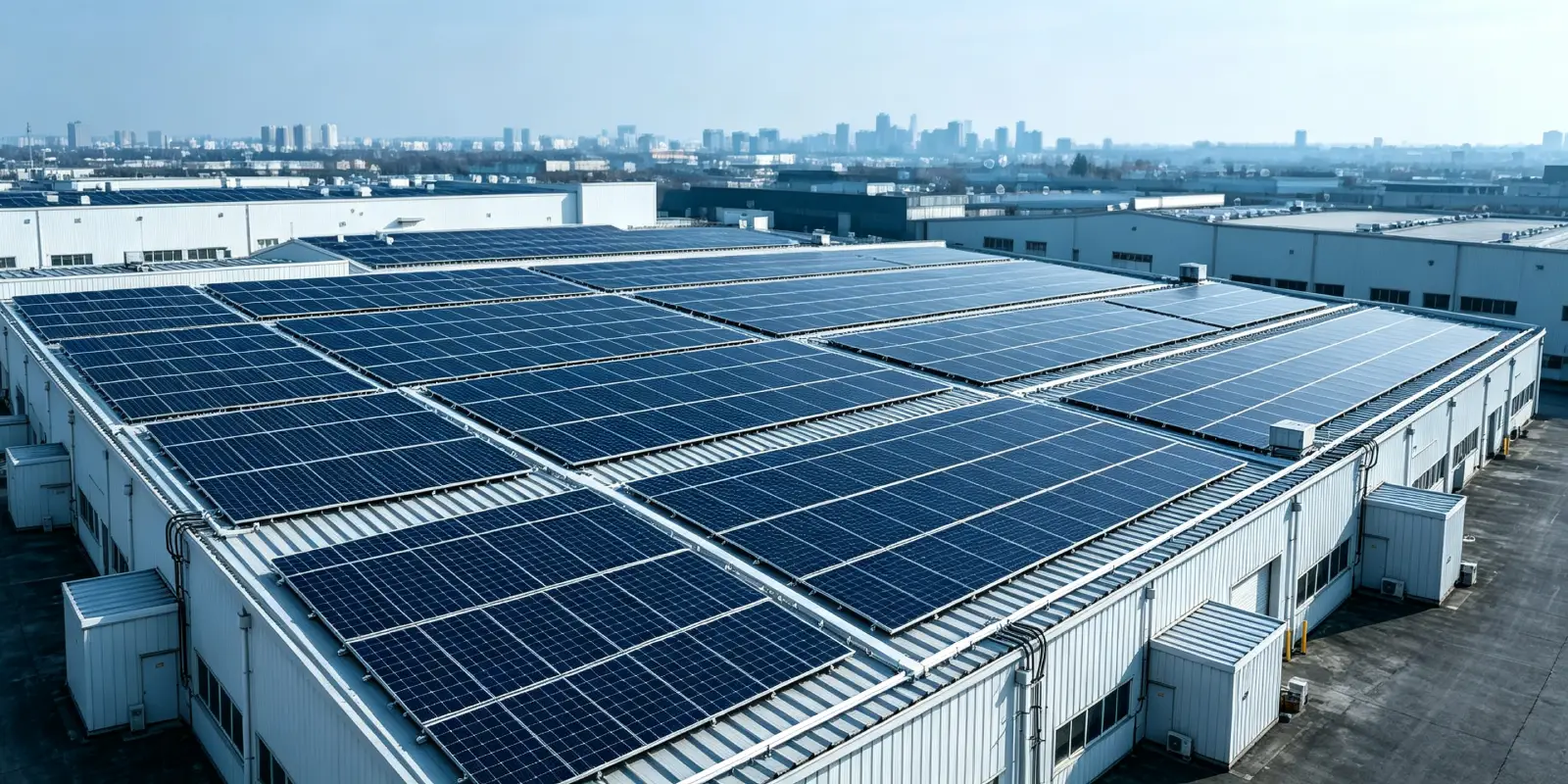 Warehouse rooftop covered with solar panels, illustrating how to calculate commercial solar ROI for warehouses, including payback period, demand charges, and real cost numbers.