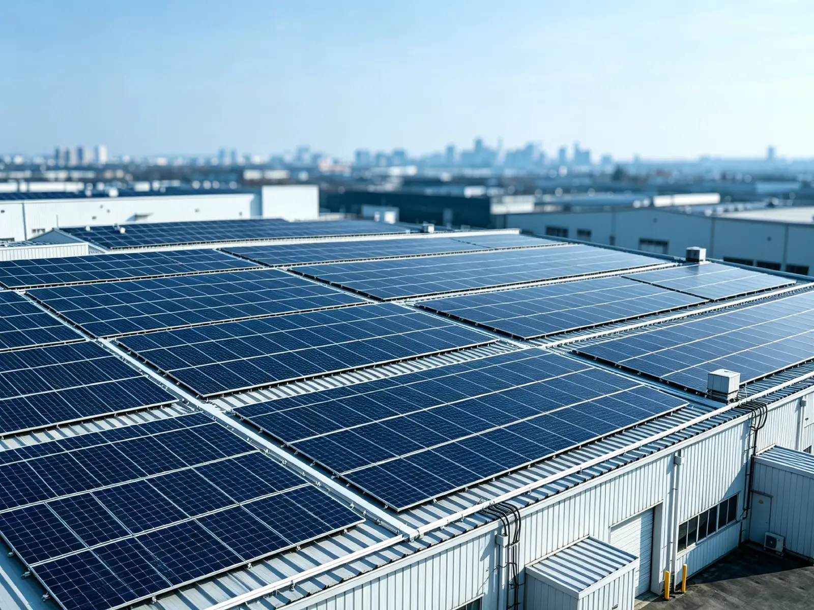 Warehouse rooftop covered with solar panels, illustrating how to calculate commercial solar ROI for warehouses, including payback period, demand charges, and real cost numbers.