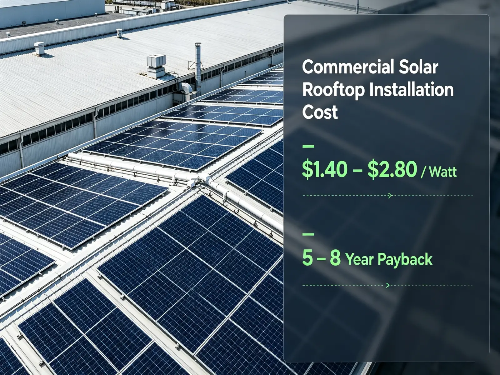 Industrial warehouse rooftop covered with solar panels, illustrating a guide to commercial solar rooftop installation cost in 2026, including price ranges and payback period.