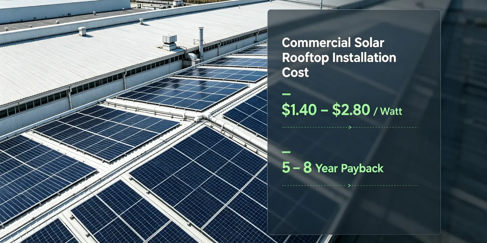 Industrial warehouse rooftop covered with solar panels, illustrating a guide to commercial solar rooftop installation cost in 2026