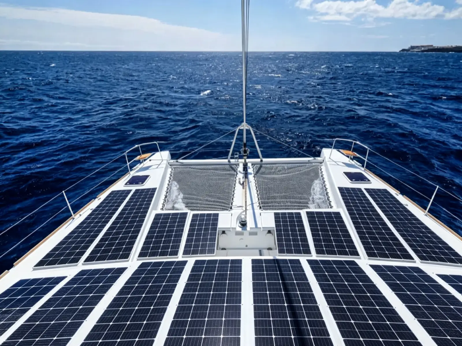 Flexible solar panels installation on catamaran yacht for marine photovoltaic application
