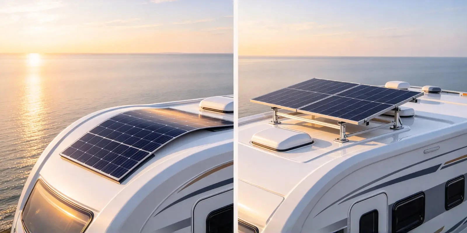 ETFE flexible solar panel mounted on a curved RV roof for off-grid power in 2026