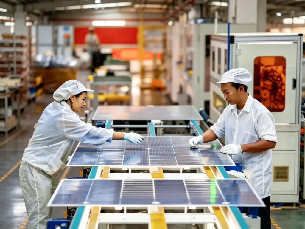 Folding solar panel manufacturer factory workshop, workers assembling portable solar panels for OEM ODM bulk wholesale