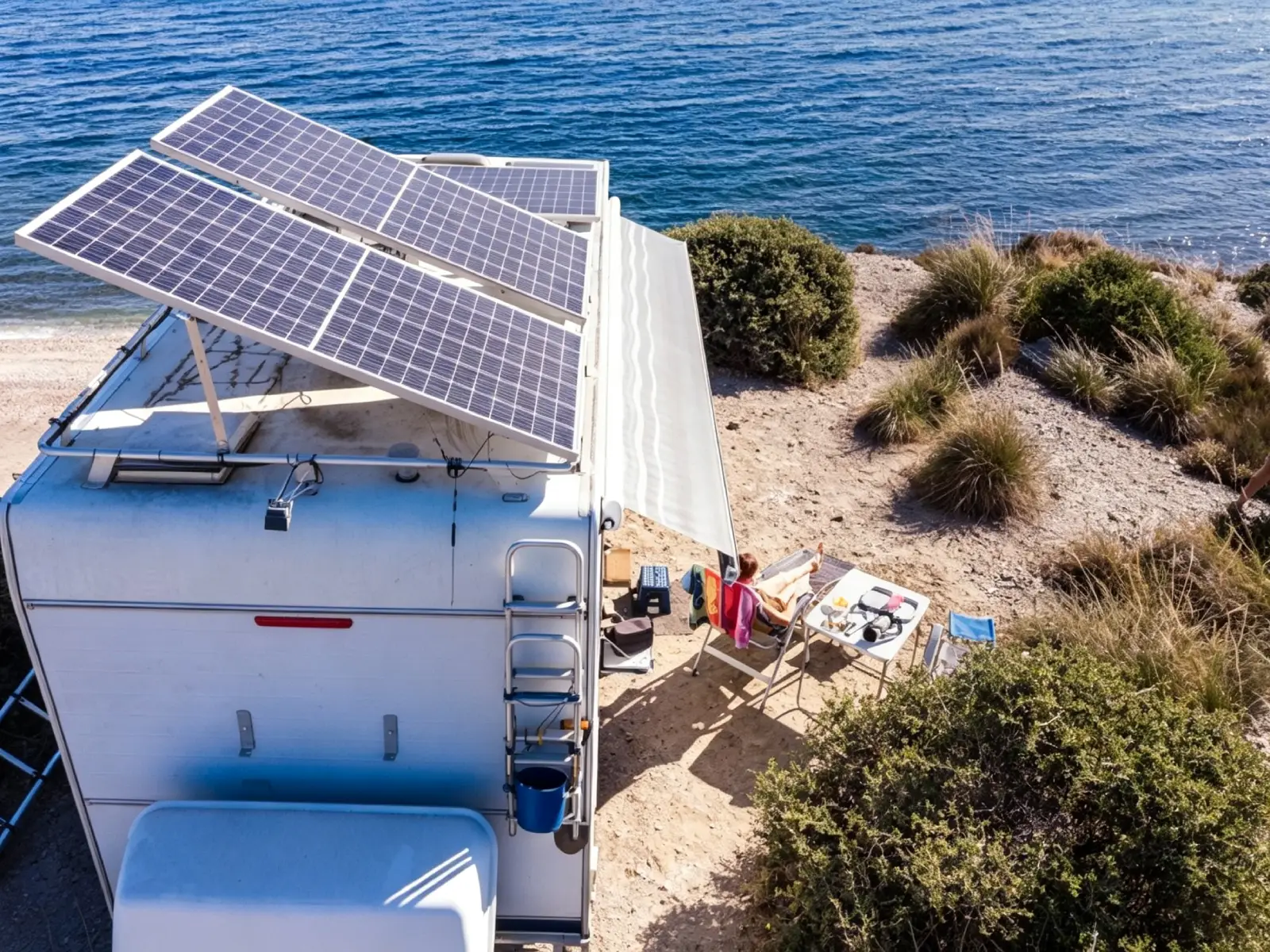 Seaside RV camping scene, roof mounted solar panels powering motorhome for off‑grid outdoor travel