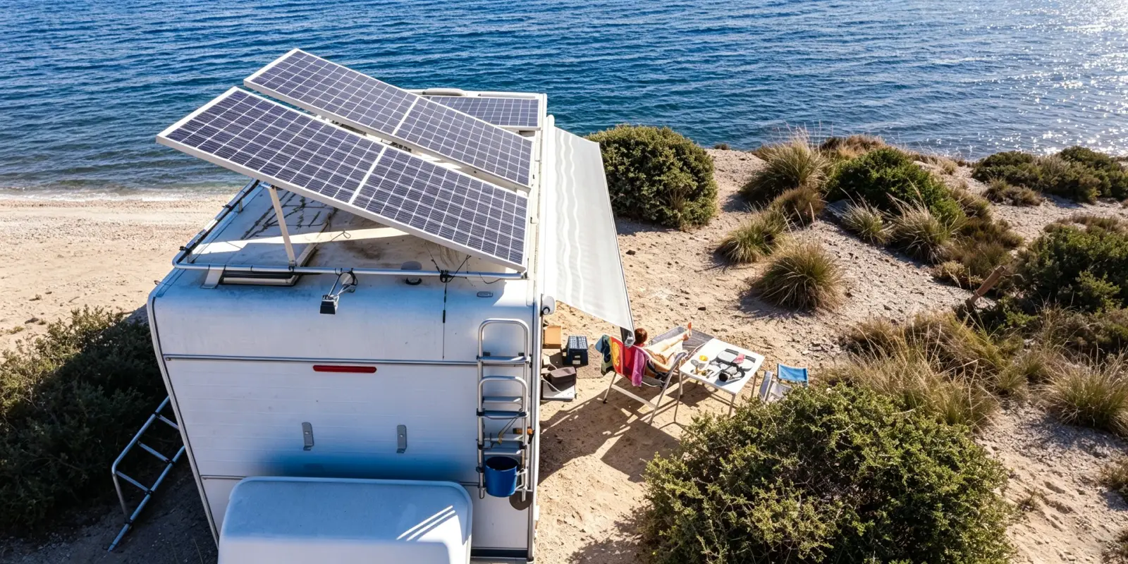 RV solar panels installed on motorhome roof, off‑grid beach camping setup, portable solar power for camper van seaside adventure