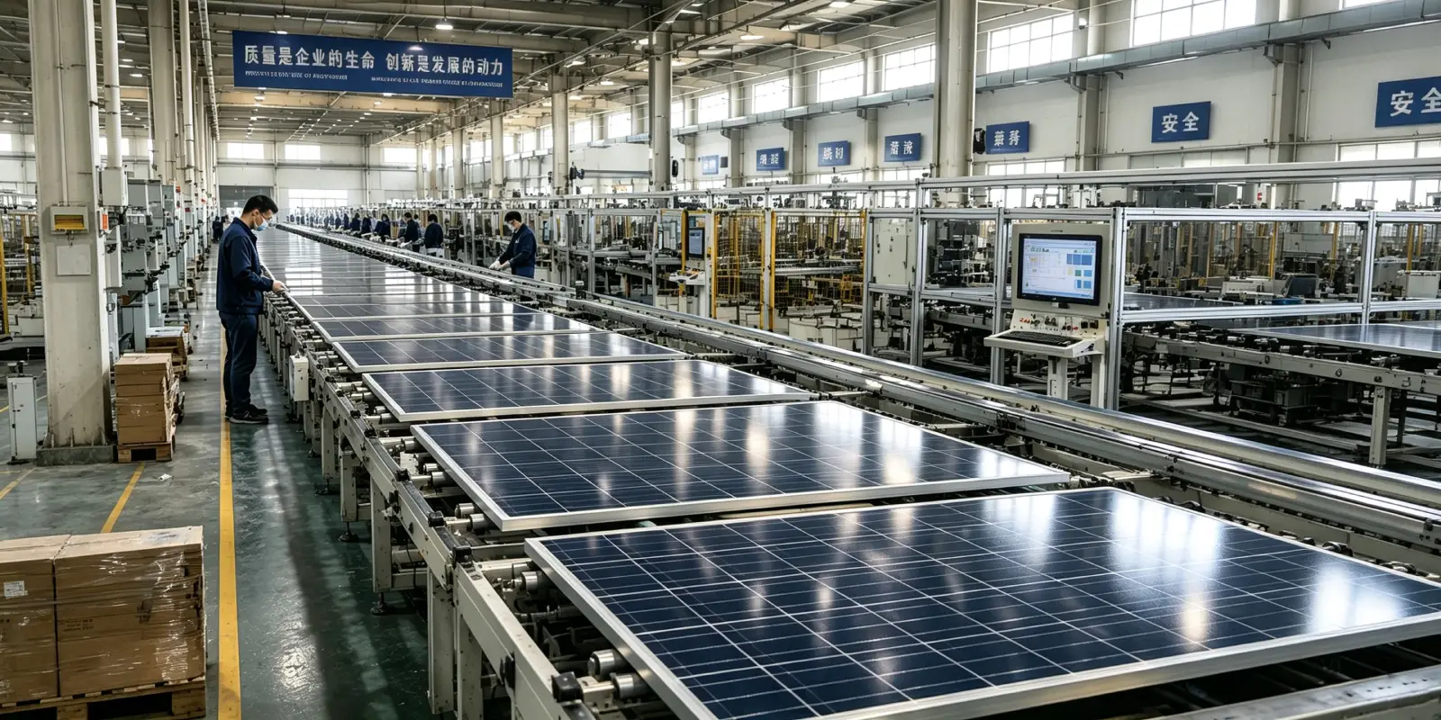 Solar panel production assembly line inside factory workshop, workers inspect photovoltaic modules on automated production equipment, solar panels mass‑manufacturing scene