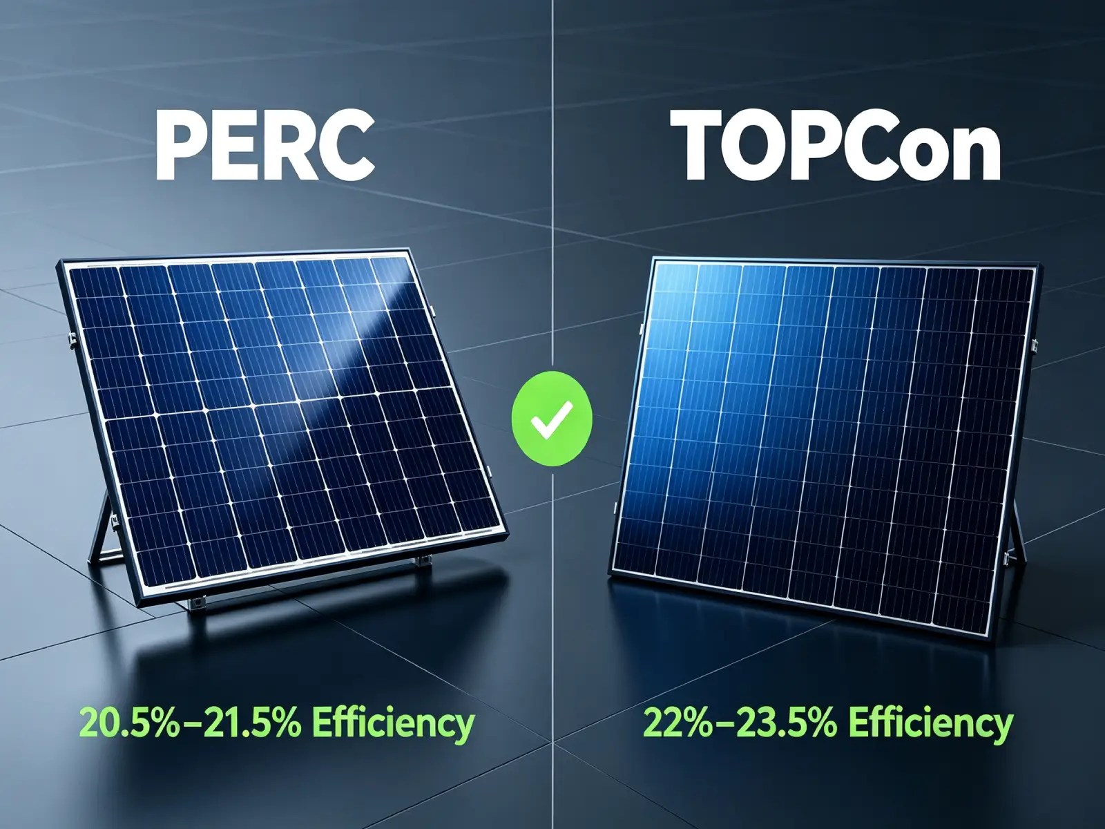 Side-by-side comparison of TOPCon and PERC solar panels for commercial rooftops, showing efficiency differences, cost comparison, and 25-year savings potential.