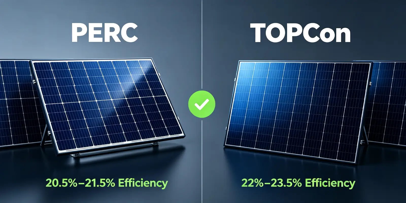 Side-by-side comparison of TOPCon and PERC solar panels for commercial rooftops, showing efficiency differences, cost comparison, and 25-year savings potential.