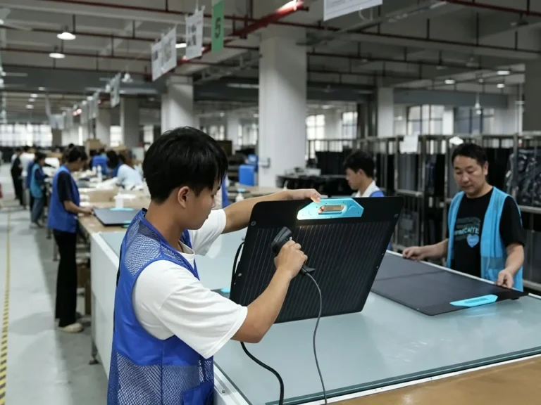 Factory worker inspecting portable foldable solar panel on production line, GTPOW solar panel quality test
