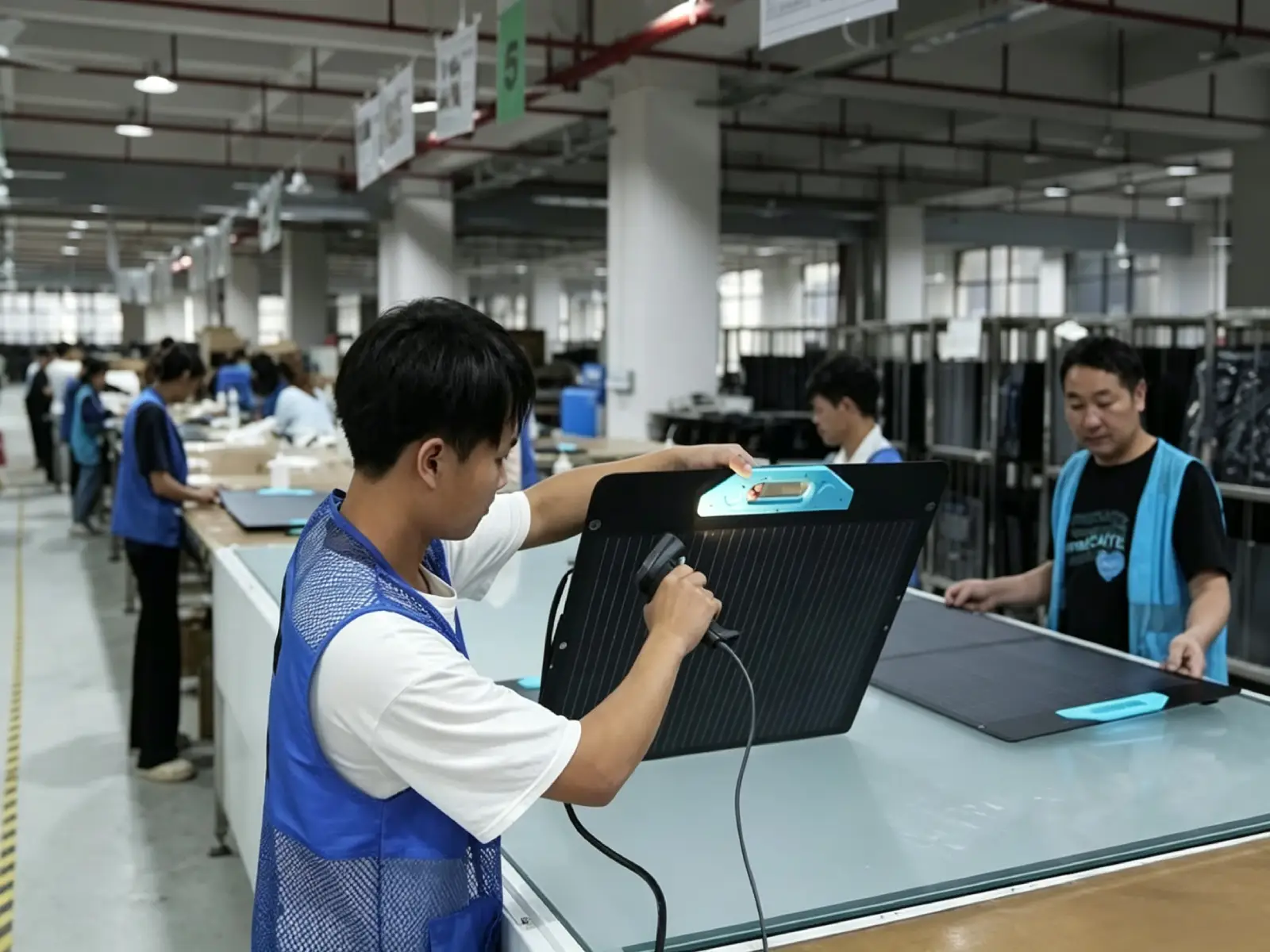 Factory worker inspecting portable foldable solar panel on production line, GTPOW solar panel quality test