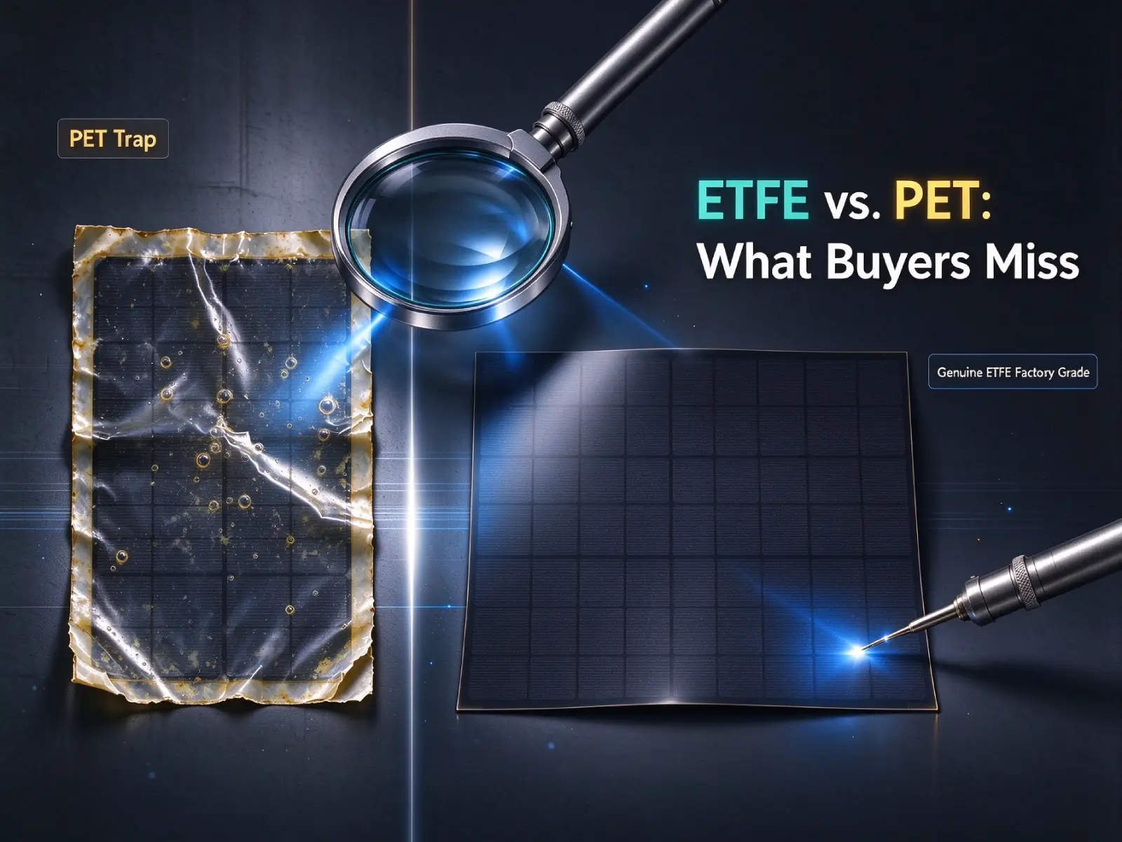 Comparison of degraded PET flexible solar panel and premium ETFE flexible solar panel tested by a China supplier